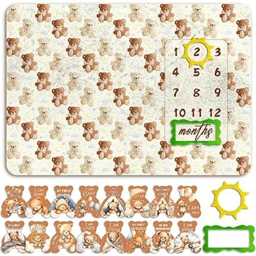 Bear Baby Monthly Milestone Blanket, Soft Bear Memory Newborn Growth Chart Milestone Blanket Newborn Photography Background Decor, Photography Props Double-Sided