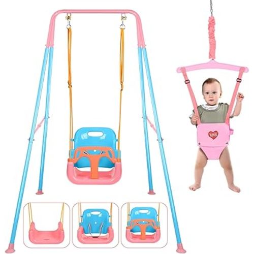 4 in 1 Toddler Swing Set & Baby Jumper, Heavy Duty Kids Swing with Bouncer, Foldable Metal Stand for Indoor & Outdoor, Easy Install & Store (Blue Pink)