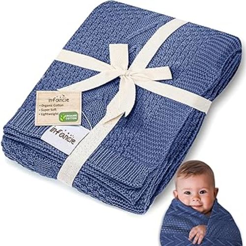 Organic Cotton Baby Blanket - 31.5 x 43.3 Inches, Soft Knitted Crib Blanket for Boys & Girls, Breathable Design (Blue)