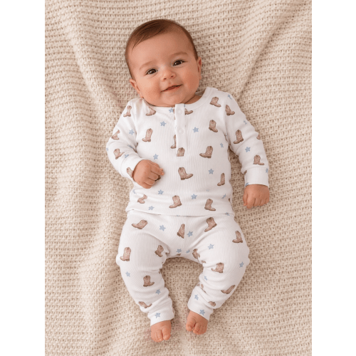 Ribbed Long Sleeve Henley Play Set, Mini Cowboy Boots - 12-18m