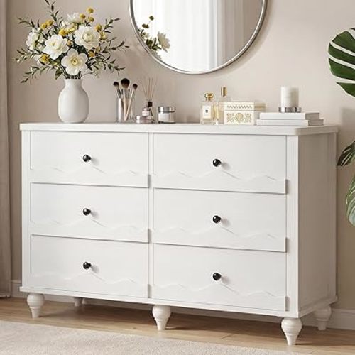 Cyclysio 6 Drawer Dresser for Bedroom, 43" White Dresser with 6 Storage Drawers, Modern Chest of Drawers with Scalloped Front for Living Room, Hallway