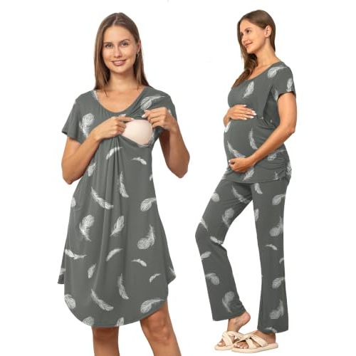 SUNNYBUY 3 PCS Maternity Nursing Sleepwear Set with Nightgown, Top & Pants | 3 PCS Gown & PJS Set, Nursing Dress, Breastfeeding Shirt, Adjustable Pants, Pregnancy to Postpartum