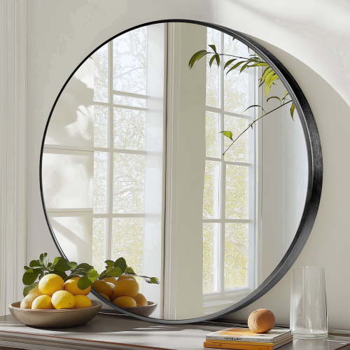 JIOABL 30 Inch Round Mirror, Metal Frame Wall Mirror for Entryway, Bathroom, Vanity, Living Room, Modern Circular Mirro, Black