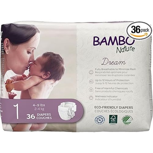 Bambo Nature Premium Baby Diapers - French/English Packaging, Size 1, 36 Count