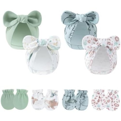LIDHAY 4PCS Newborn Baby Hospital Hats Beanie Bow Infant Caps Cotton Preemie Hats No Scratch Mittens Set for 0-1 Years Old