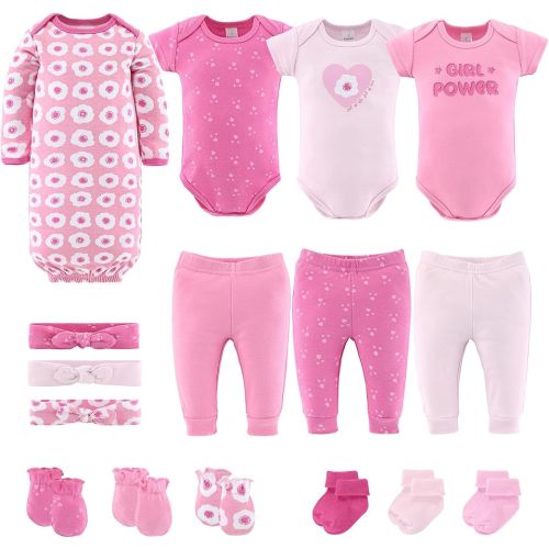 The Peanutshell Baby Layette Gift Set for Girls - 16 Piece New Born Girl Gift Set, Baby Clothes & Newborn Essentials Must Haves - Newborn Clothes 3-6 Months - Pretty in Pink