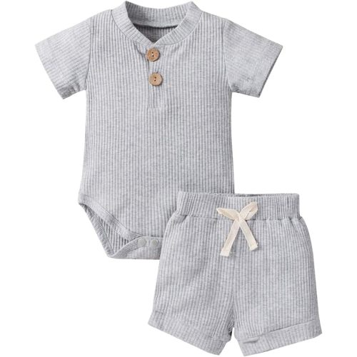 Ledy Champswiin Summer Newborn Baby Boy Girl Clothes Set Ribbed Outfits Unisex Infant Solid Short Sleeve Tops Shorts 2PCS