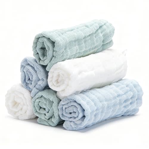 Bear Rocket Organic Muslin Baby Washcloths 6 Pack Baby Bath Face Towel 12x12 Inch Extra Absorbent and Soft Burp Cloth and Wash Cloths for Newborn-Infants On Sensitive Skin (White Blue Green)