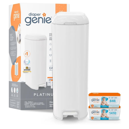 Diaper Genie Platinum Pail Gift Set, Lily White, Made of Durable Stainless Steel and Includes 2 Easy Roll Refills with 48 Bags.