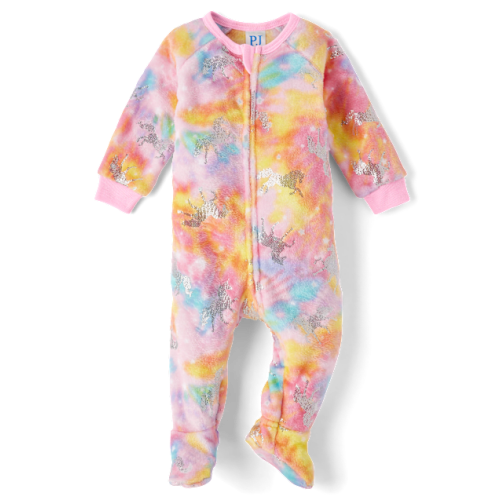 Baby And Toddler Girls Foil Unicorn Fleece Footed One Piece Pajamas - Pink
