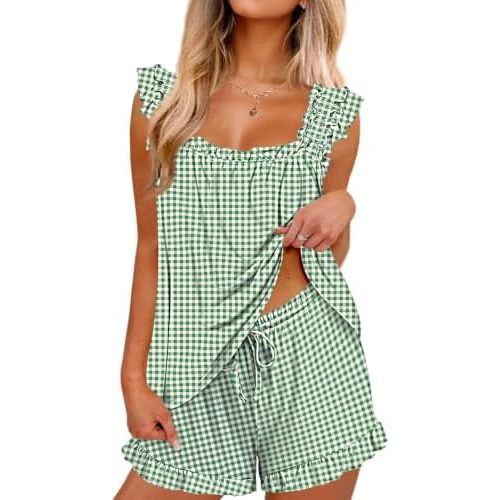 Ekouaer Pajama for Women Set 2 Piece Ruffle Pjs Soft Tank Top and Shorts