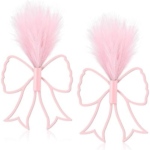 Weysat 2 Pcs Pink Bow Wall Decor Metal Coquette Nursery Decoration with Artificial Pampas Boho Wall Art Hanging Planters with Artificial Pampas Preppy Decor for Nursery Girls Room Living Room
