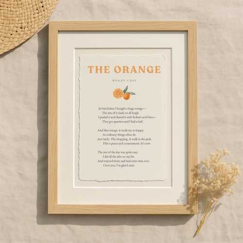 The Orange by Wendy Cope Poem Print – Fine Art Literary Wall Art on Handmade 100% Cotton Paper,  Mindfulness Gift