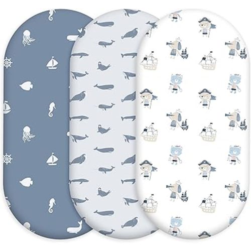 Baby Bassinet Sheets Girl Boy, Stretch Fitted Bassinet Sheet Set 3 Pack Bassinet Mattress Sheets Universal Fit for Rectangle, Round, Oval, Hourglass Mattress, Soft Breathable Blue Ocean Sailor
