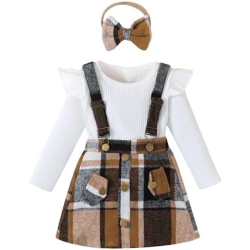 Baby Girl Clothes Sets: 3 Piece Skirt Sets Ribbed Top Plaid Skirts with Headband Fall Outfits for Toddler 6-48 Months