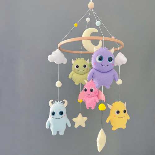 Cute Pastel Monster Baby Mobile | Colorful Felt Crib Mobile | Soft Nursery Decor | Gender Neutral Baby Shower Gift | Kawaii Plush Mobile