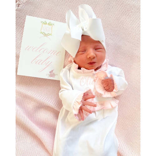 White with Baby Pink Ruffle Personalized Baby Gown – Caprilina