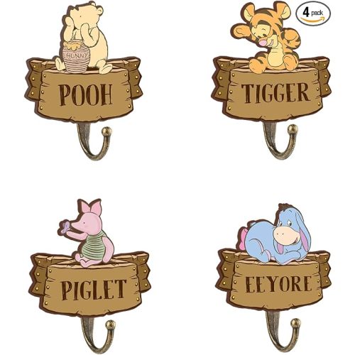 Winnie Nursery Bathroom Bedroom Decor, 4 Pcs Piglet The Pooh Decorative Wall Hooks Wooden Hooks, Winnie Nursery Hook Cute Towel Hanger, The Pooh Home Decoration