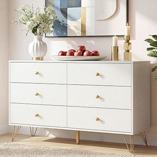 Tradare White Dresser for Bedroom, 6 Drawer Dresser with Golden Handles, Large Storage Cabinet, Modern Chest of Drawers Organizer Storage for Hallyway, Entryway