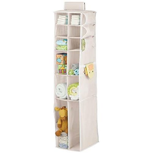mDesign Long Soft Fabric Over Closet Rod Hanging Storage Organizer with 12 Divided Shelves, Side Pockets for Child/Kids Room or Nursery, Store Diapers, Wipes, Lotions, Toys - Cream/White