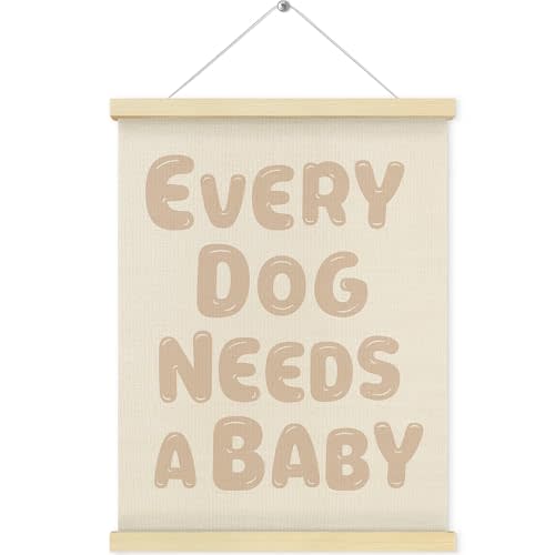 QEJ Every Dog Needs a Baby Wall Art Decor, Baby Shower Reveal Decor Canvas Poster Hanger Frame, Pregnancy Announcement Wall Decorations for Newborn Room Bedroom Playroom Decor, 12x16 Inch