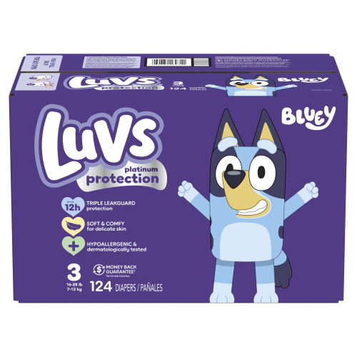 Luvs Platinum Protection Bluey Edition, Pañales Desechables para Bebé - Talla 3, 124 Unidades