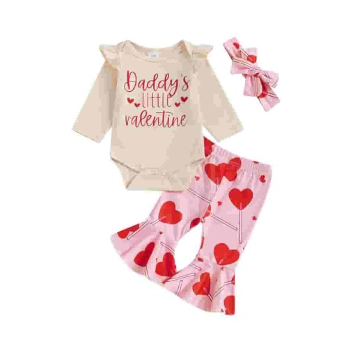 MIPREWUY Baby Girl Valentine's Day Outfits Letter Print Long Sleeve Romper with Heart Pattern Flare Pants and Headband Set
