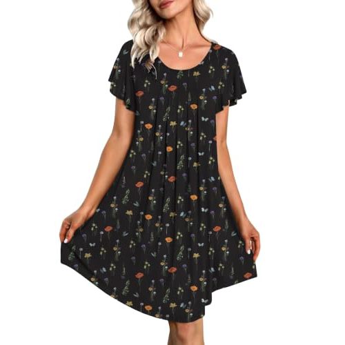 Ekouaer Nightgowns for Women Pleated Moo Moos Short Sleeves House Dresses | Plus Size Nightgowns for Women Crew Neck Sleep Shirt Loose Fit Night Gowns for Sleep, Daily Wear, Vacation, Going Out