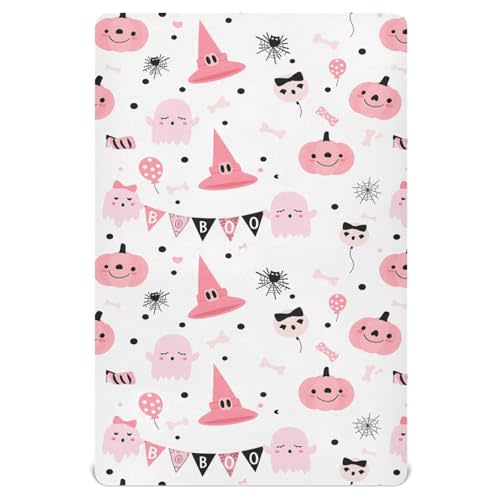 Pfrewn Cute Halloween Crib Sheets for Girls Cute Pink Ghosts Pumpkin Fitted Crib Sheet for Mini Crib Mattress Stretch Soft Toddler Baby Playard Sheet, 39x27x5IN