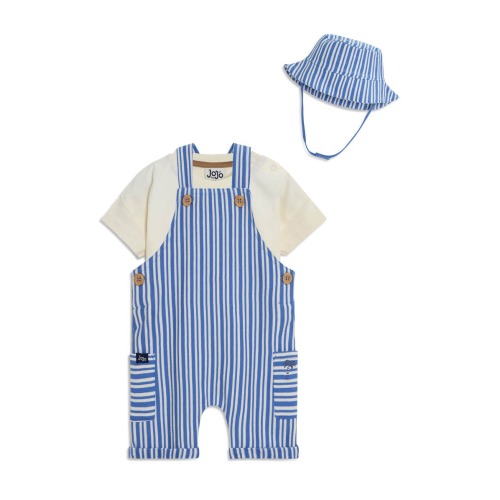 Stripe Cotton Shirt, Overalls & Hat Set, 0-3M