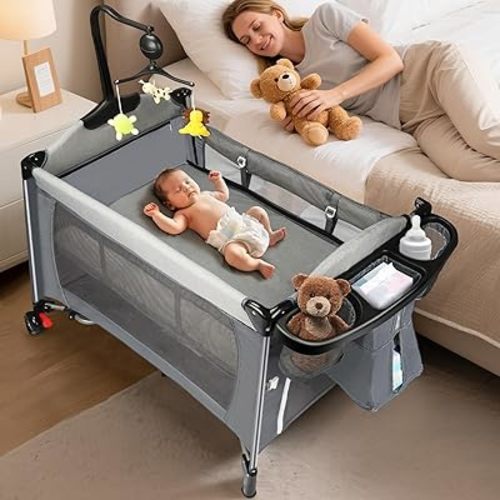 5 in 1 Pack and Play Baby Bassinet, Bedside Crib Sleeper, Portable Baby Crib with Diaper Changer, Storage Rack& Music Box Toy Bar, 1-Step Assembly Foldable Playard for Newborn to Toddlers