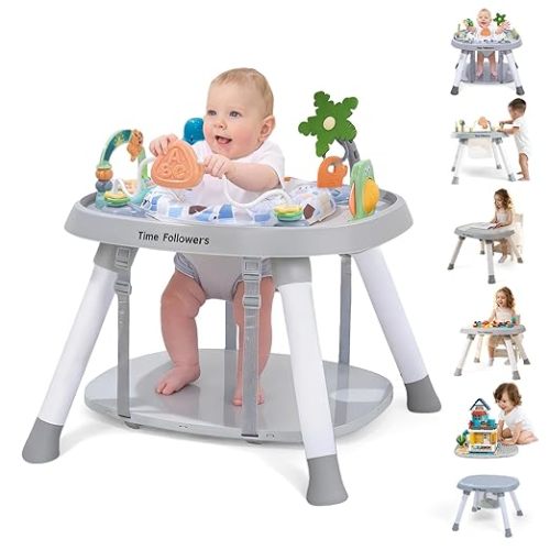 Time Followers® 6-in-1 Baby Activity Center | 4 Stage Montessori-Inspired Design | Grow Stationary Standing Toddler Table | Jumpers & Bouncers | Must Have for Boy & Girl 6, 12, 24+ Month Old (Grey)
