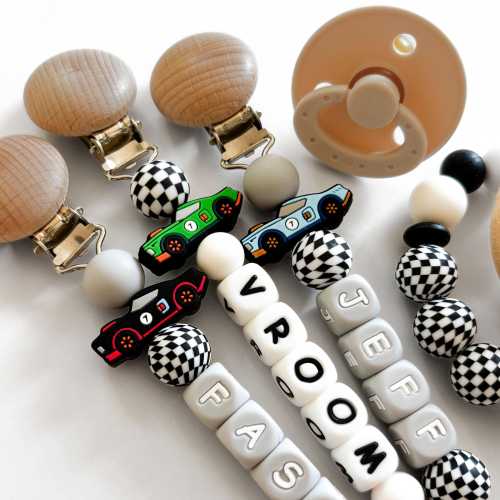 Personalized Pacifier Clip with Checkered Flag + Race Cars • Gift for Newborn Fast One Birthday