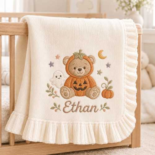 Personalized Halloween Baby Blanket, Custom Name Spooky Bear Knit Blanket,Embroidered Newborn Keepsake,First Halloween Gift,Fall Baby Shower