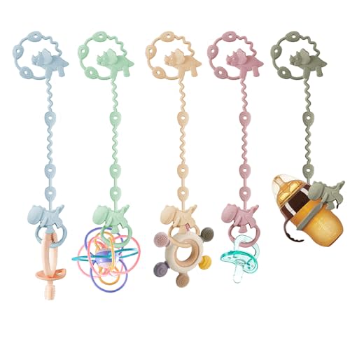 PandaEar 5 Pack Silicone Baby Toy Straps, Dinosaur Pacifier Teether Holder | Adjustable Straps, Keeps Pacifiers & Toys Secure, for Stroller, Car Seat, High Chair & Travel, BPA Free Silicone