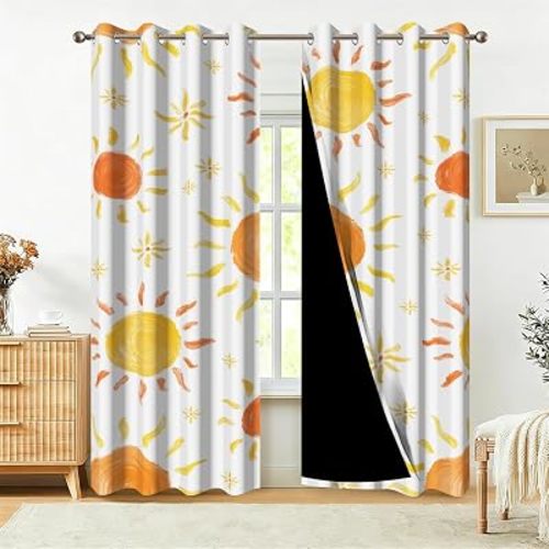 Yellow and Orange Sun Print Kids Curtains 63 inch Long, Cute Cartoon Sunshine Pattern Fabric Bedroom Decor Summer Theme Nursery Playroom Classroom Blackout Window Drapes 2 Panels 42x63 Inch