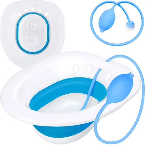 Sitz Bath, Sitz Bath for Hemorrhoids, Sitz Bath for Toilet Seat, Postpartum Care, Sits Bath Kit for Women, Collapsible, Flusher Hose, Drain Holes, Wider Seating Area, Deeper Bowl