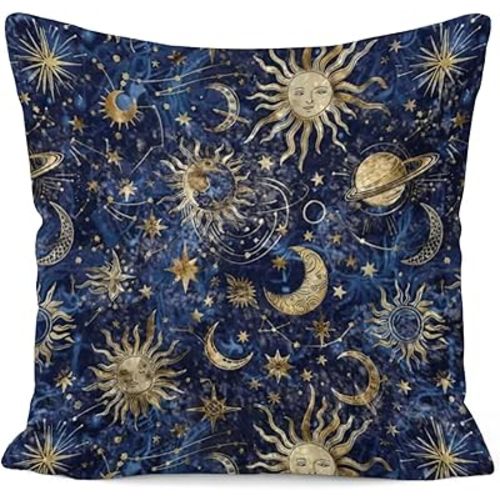 Celestial Throw Pillow 18x18 – Vintage Sun Moon Stars and Planet Design, Galaxy Astrology Decorative Pillow Cover for Boho or Witchy Aesthetic Decor