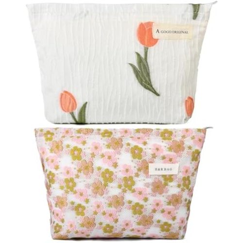 SOIDRAM 2 Pieces Flower Makeup Bag Large Floral Cosmetic Bag Capacity Canvas Travel Toiletry Bag Organizer Cute Makeup Brushes Aesthetic Accessories Storage Bag for Women, Embossed flower L White Pink