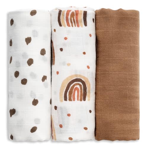 GLLQUEN BABY Receiving Blankets Muslin Swaddle Blanket for Newborn Girl Boy | Cotton Squares Baby Blankets, Soft & Thin Swaddle Cloth, Breathable Absorbent Infant Swaddling Wrap - 3 Pack (Rainbow)