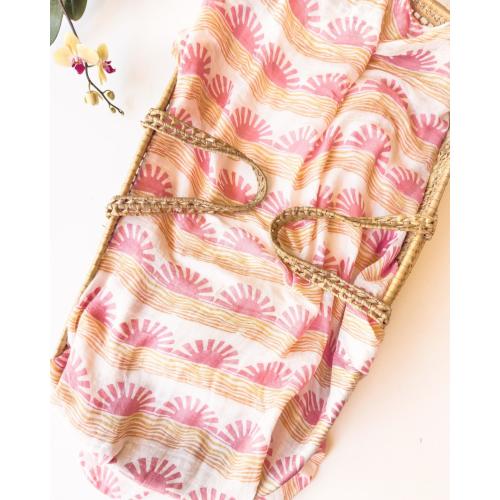 Pink Sun + Wave Swaddle | Organic Bamboo & Cotton Muslin | Ocean Nursery Decor – Coca + B.