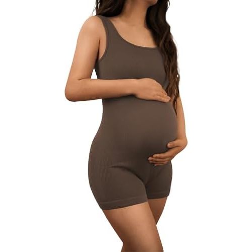 AIBIANOCEL Women's Maternity Bodysuit Pregnancy Shapewear Sleeveless Tank Top Shorts Ribbed Romper Jumpsuit