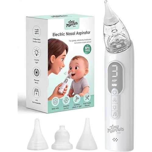 Nasal Aspirator for Baby, Baby Nose Sucker with 3 Suction Level, Tiny Marvels Electric Nose Cleaner for Congestion & Allergy Relief, 3 Silicone Tips, Music Light Soothing, USB
