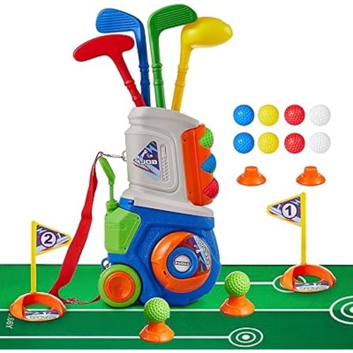 PJG Toddler Golf Set with Mat, Plastic Kids Golf Clubs Ages 1 2 3 4 5 Years Old with 4 Golf Clubs and 10 Balls, Toddler Golf Toys with Cart for Boys and Girls Birthday (Blue)