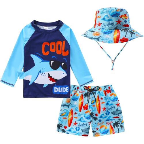 Baby-Boys Toddler Long Sleeved Rashguard Swim Bathing Suit and Sun Hat Set Cool Shark 3-6 Months