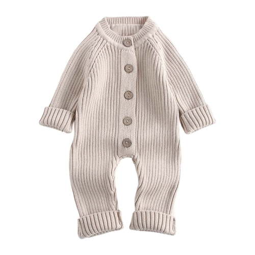 WhouRiu Boys Bodysuits Long Sleeve Button Knitted Romper Baby Spring Solid Cozy Cotton Jumpsuit Clothes Beige,Size 3-6 M