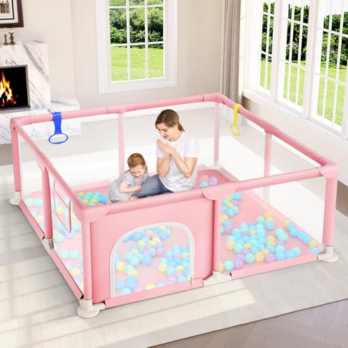 Dripex Baby Playpen, 50"x50" Small Playpen for Babies, Enhanced Safety Baby Play Yard for Indoor & Outdoor, Infant Play Pen with Soft Breathable Visible Mesh, Anti-Fall Design & Easy Setup, Pink