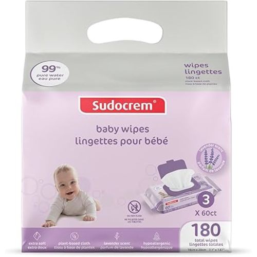 Sudocrem Pure Water Wipes 180 Count - Lavender Scent, Hypoallergenic, Plant-Based Baby Wipes, 99% Water - Extra Strong and Ultra Soft