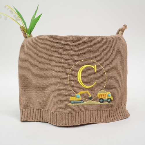 Excavator, Truck Vehicles Initial Baby Knit Blanket, Custom Embroidery Baby Blanket, Baby Shower Gift, Blanket Construction Nursery Decor