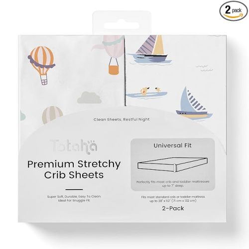 TotAha Premium Stretchy Crib Sheets (2-Pack)-Hypoallergenic, Silky Comfort, Buttery Soft, Calming Effect, All-Season Jersey-Knit Sheets, 28 X 52 X 9'' Extra Deep Pocket (Balloon & Sailboat)